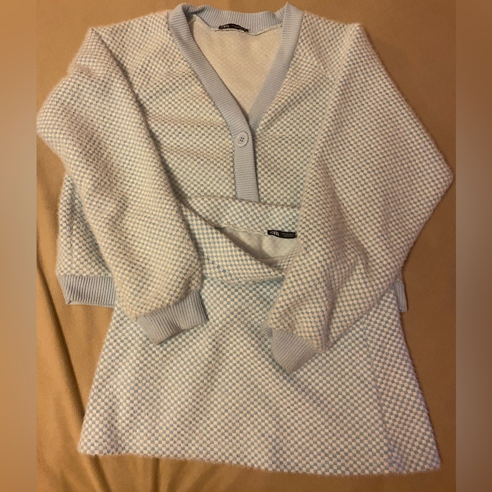 Zara cardigan skirt suit set plaid blue soft